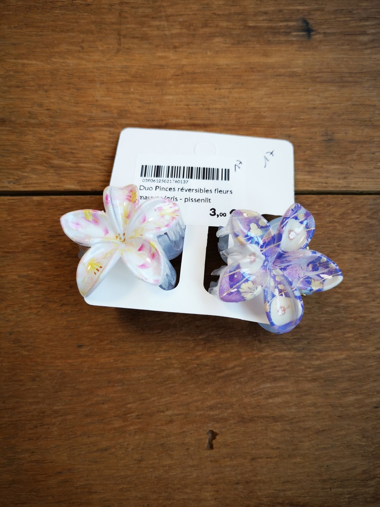 Duo Pinces réversibles fleurs mauves/gris - pissenlit