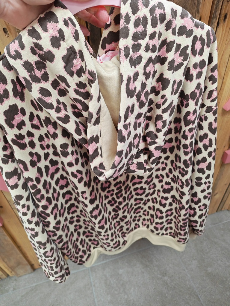 Pull léopard capuche beige, chocolat & rose pâle