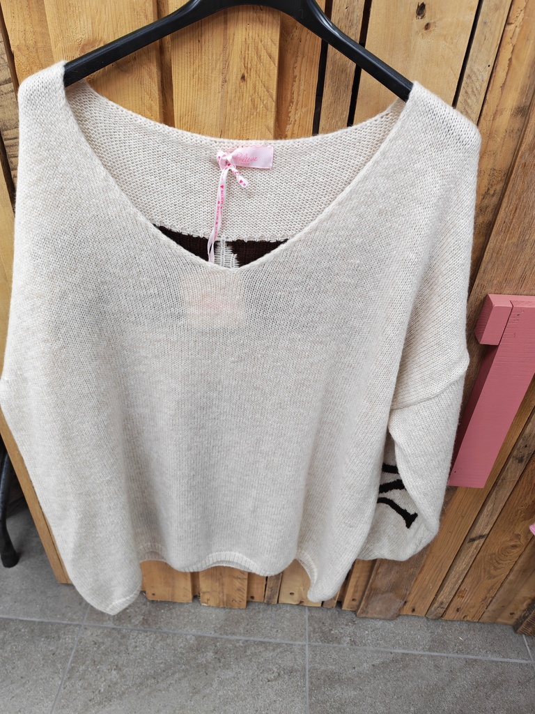 Pull "Namasté" laine Beige écriture chocolat