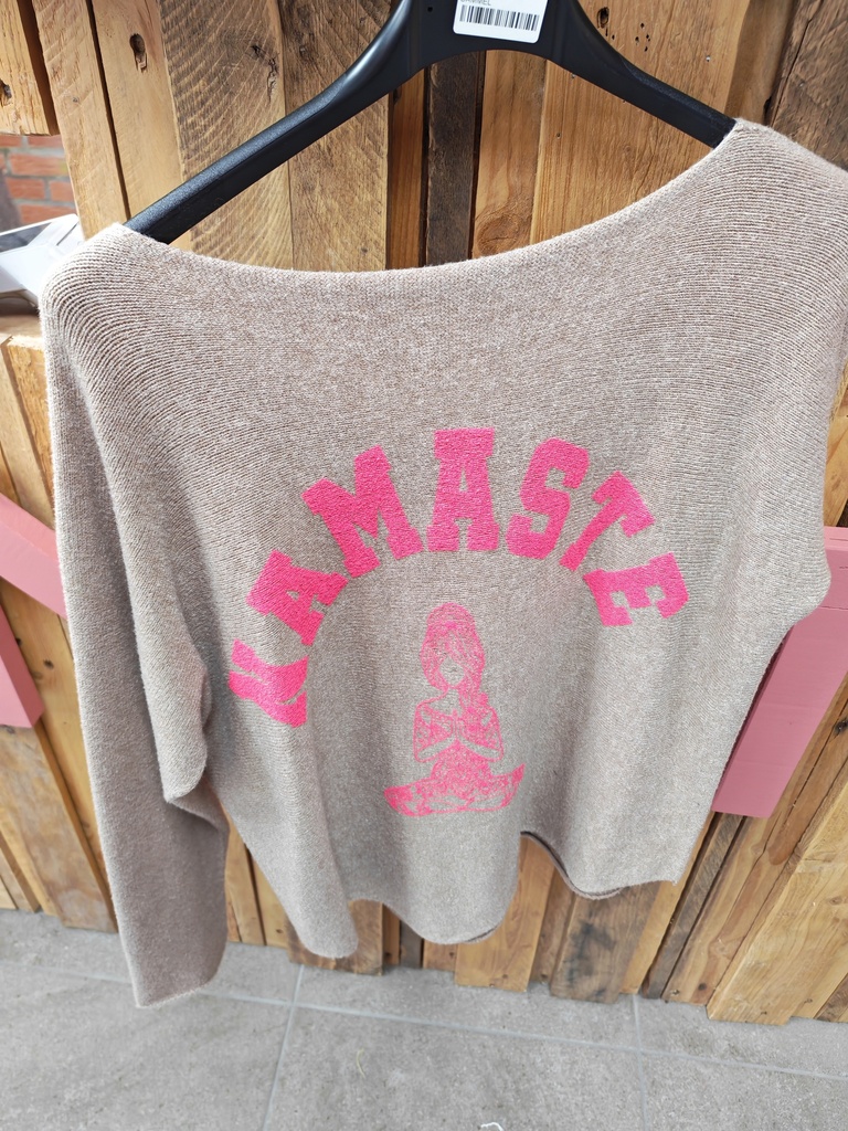 Pull Namasté sans couture écriture rose fluo Camel