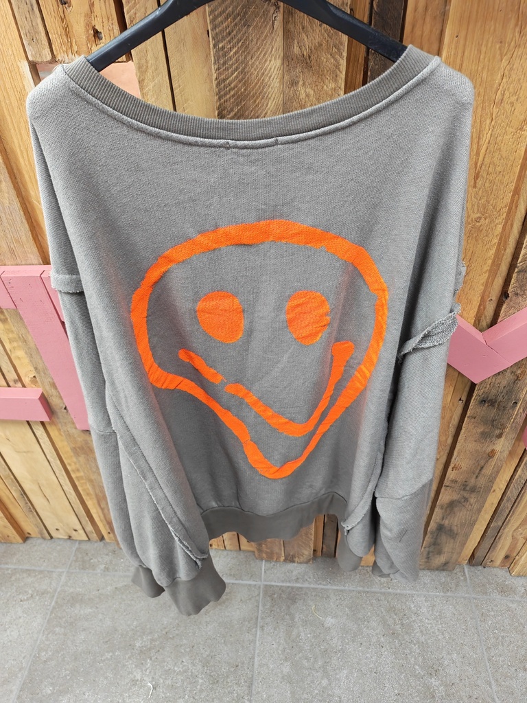 Pull Smile taupe écriture orange fluo 