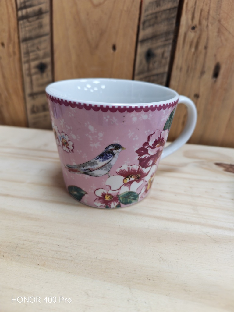 Tasse avec sous tasse porcelaine oiseau fleuries rose