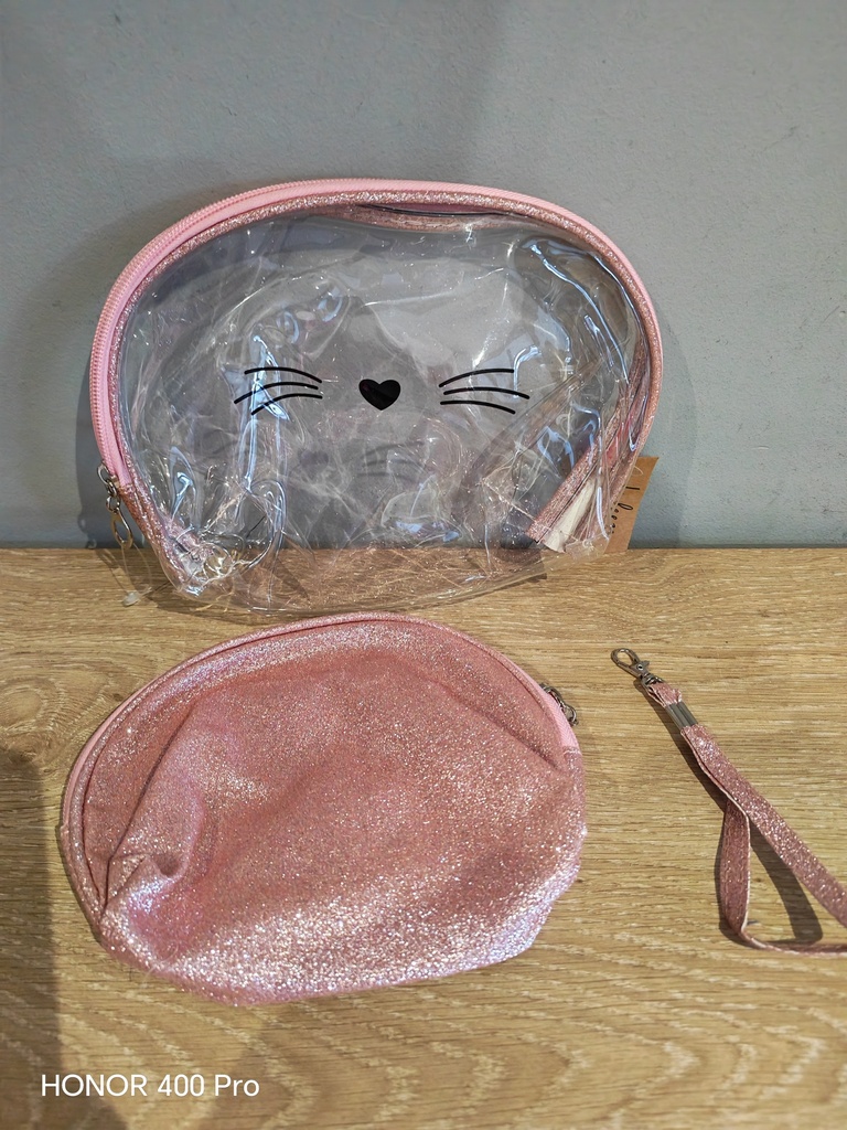 Double trousse chat pailletée rose pâle