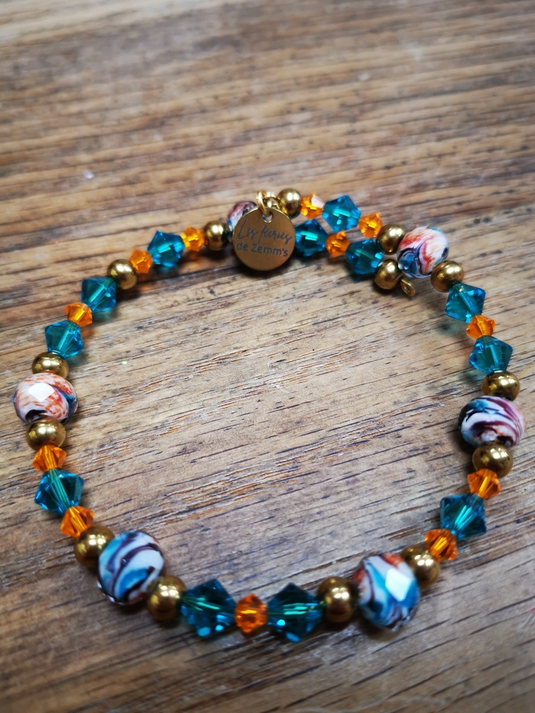 Bracelet doré perles Murano et toupies PureCrysta Blue Zircon & Orange Fluo