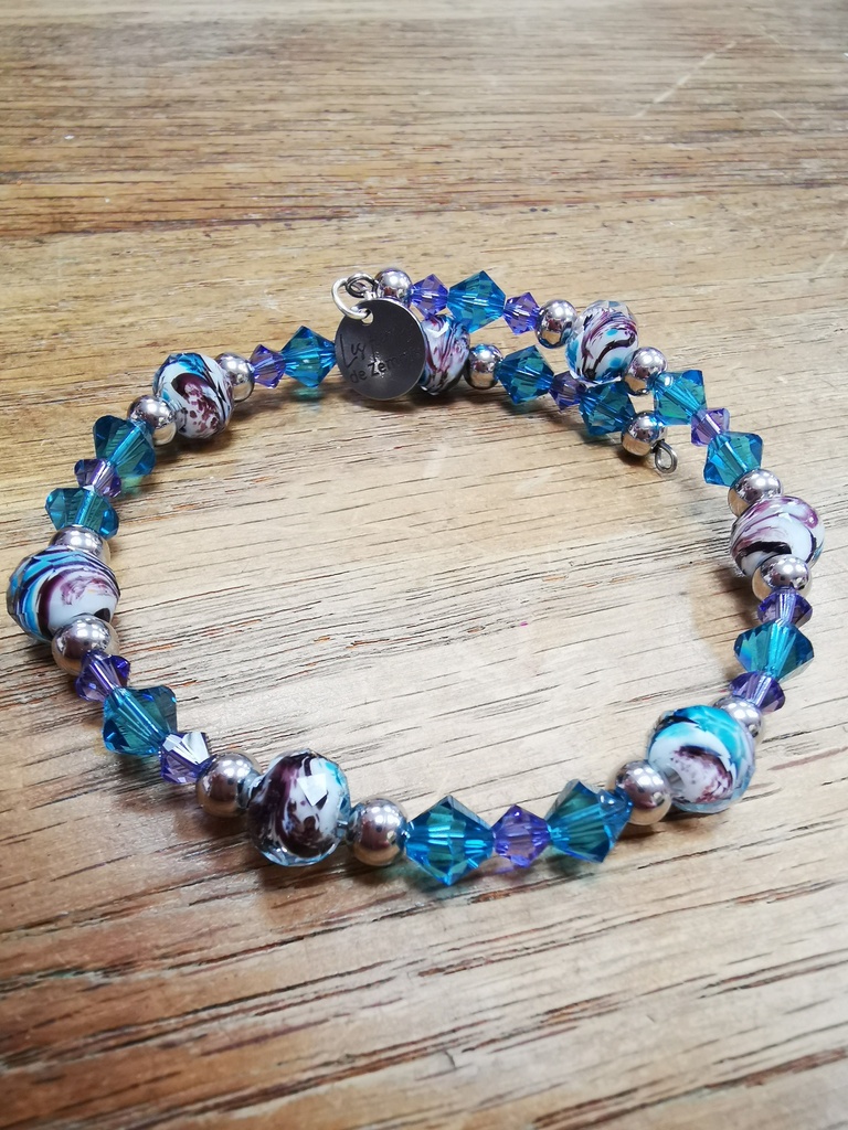Bracelet argenté perles Murano et toupies PureCrystal Denim Blue & Iris