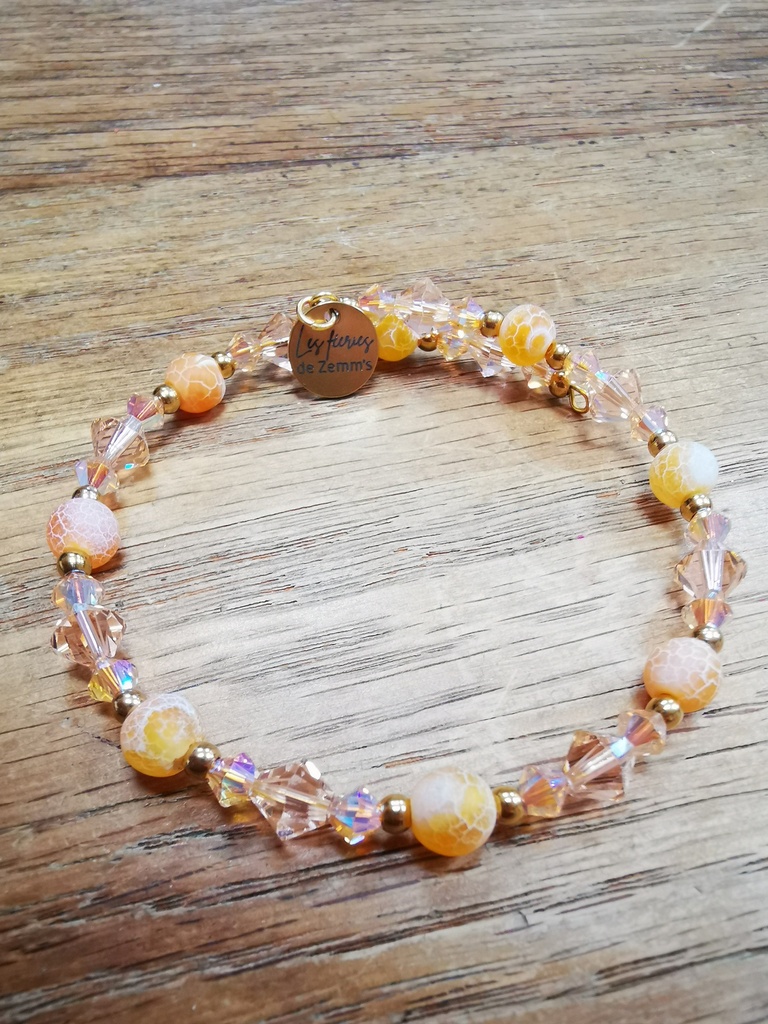 Bracelet doré Agates craquelées orange toupies PureCrystal Light Peach & Crystal Caramel