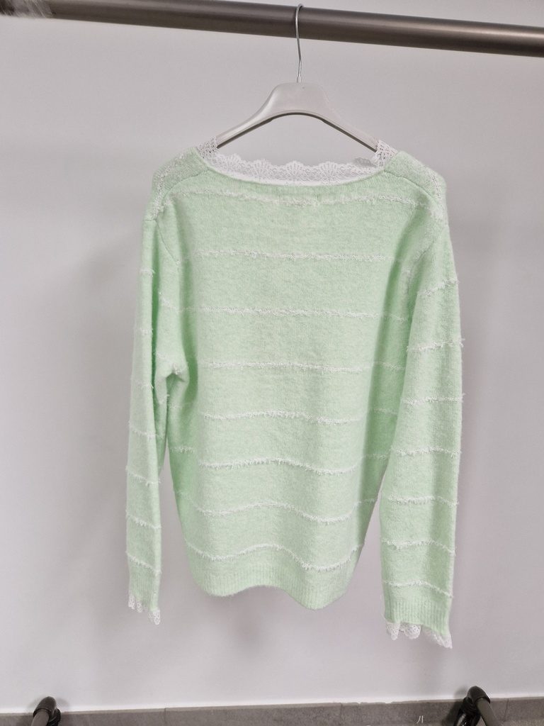 Pull vert pastel-blanc col dentelle