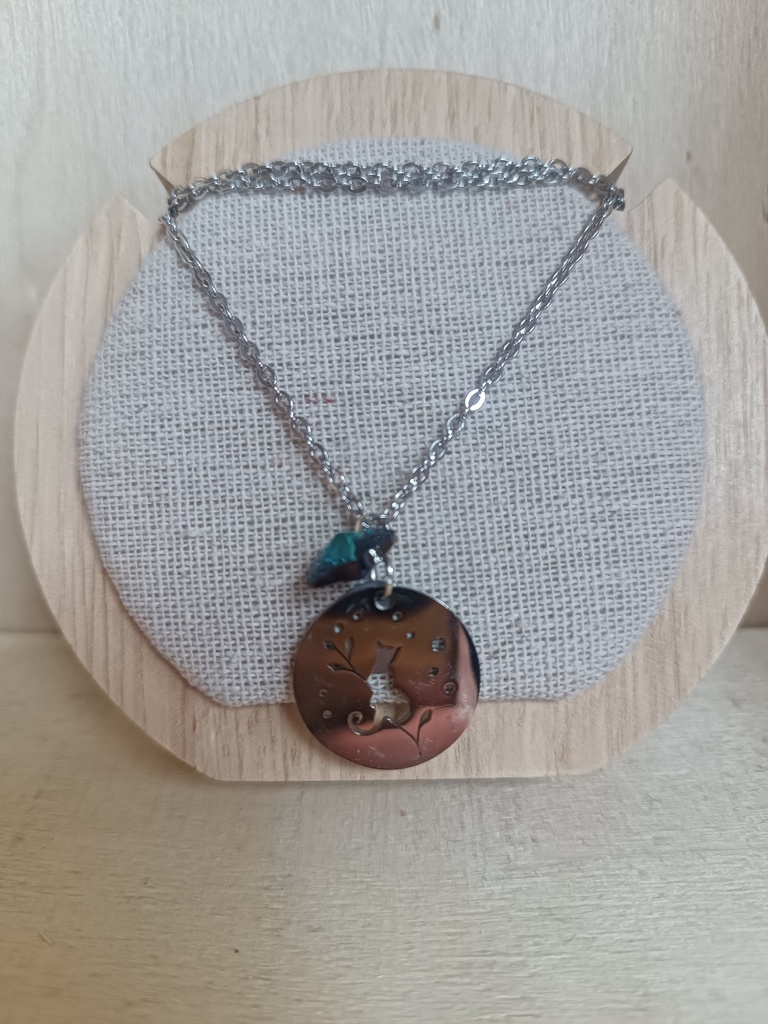 Collier argenté médaillon chat cœur Swarovski Blue Zircon