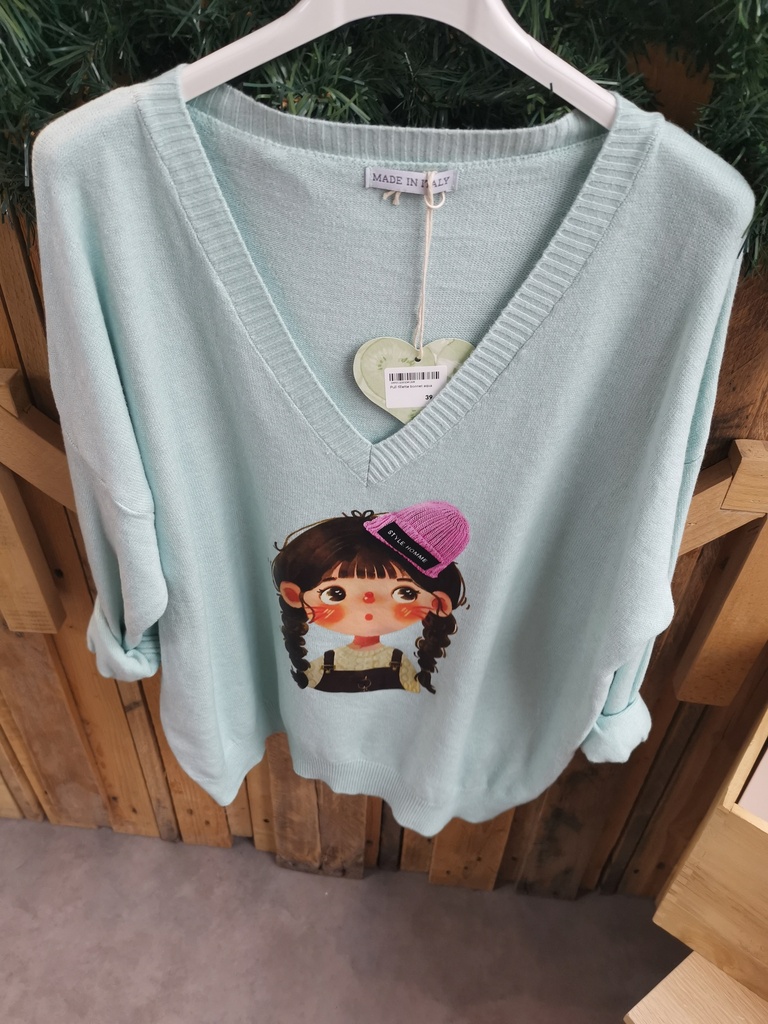 Pull fillette bonnet bleu ciel