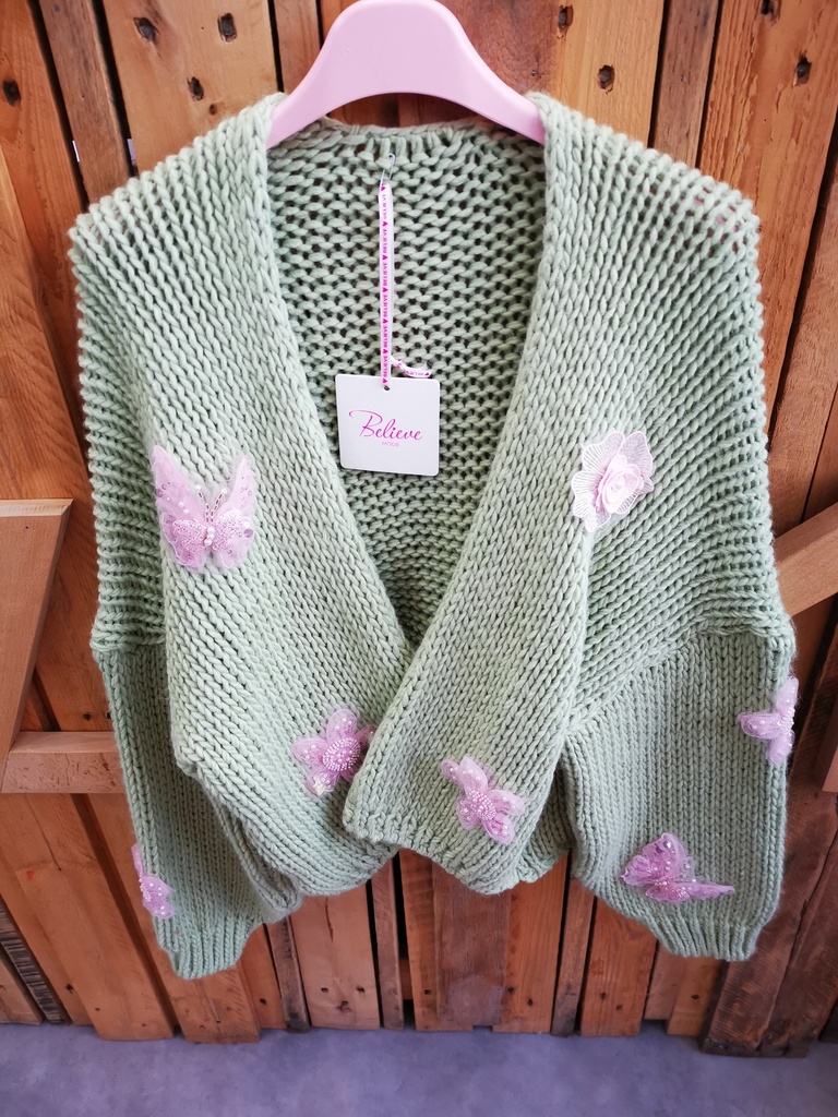 Gilet papillons/fleurs 3D vert sauge