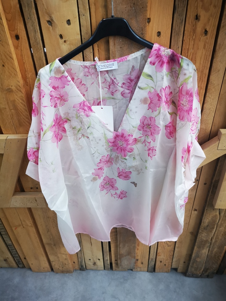 Blouse fleurie drapée fuchsia