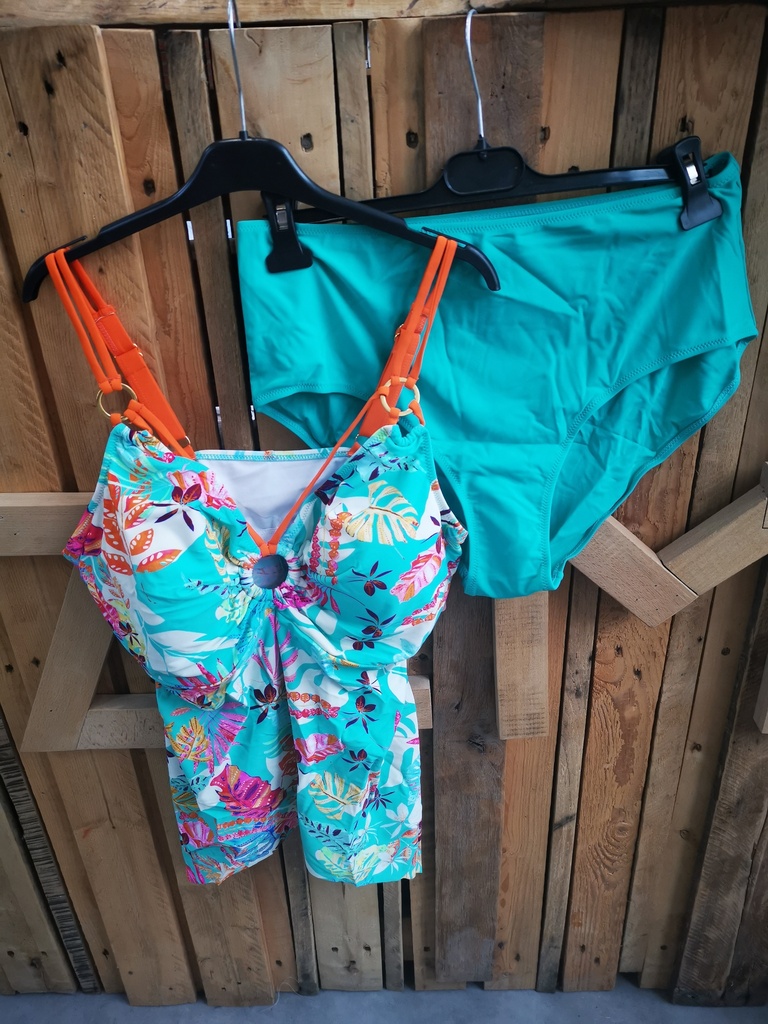 Maillot de bain 2 pièces vert eau fleuri et orange (HMD029) 