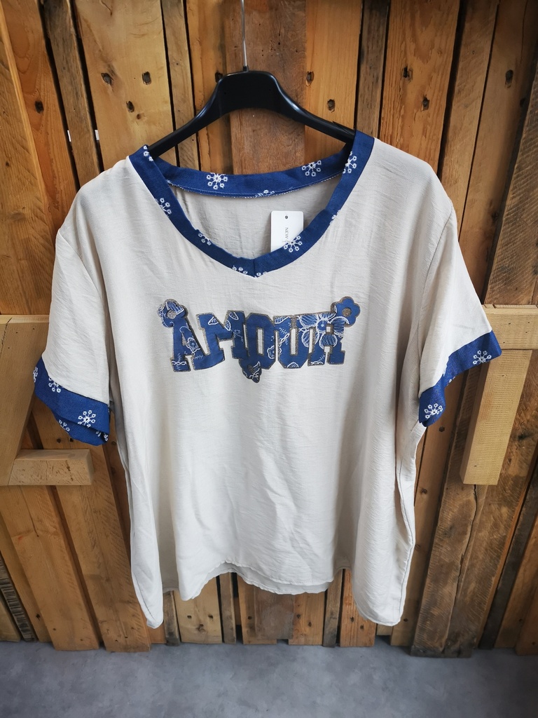 Blouse "Amour" beige, col et manches en jeans 