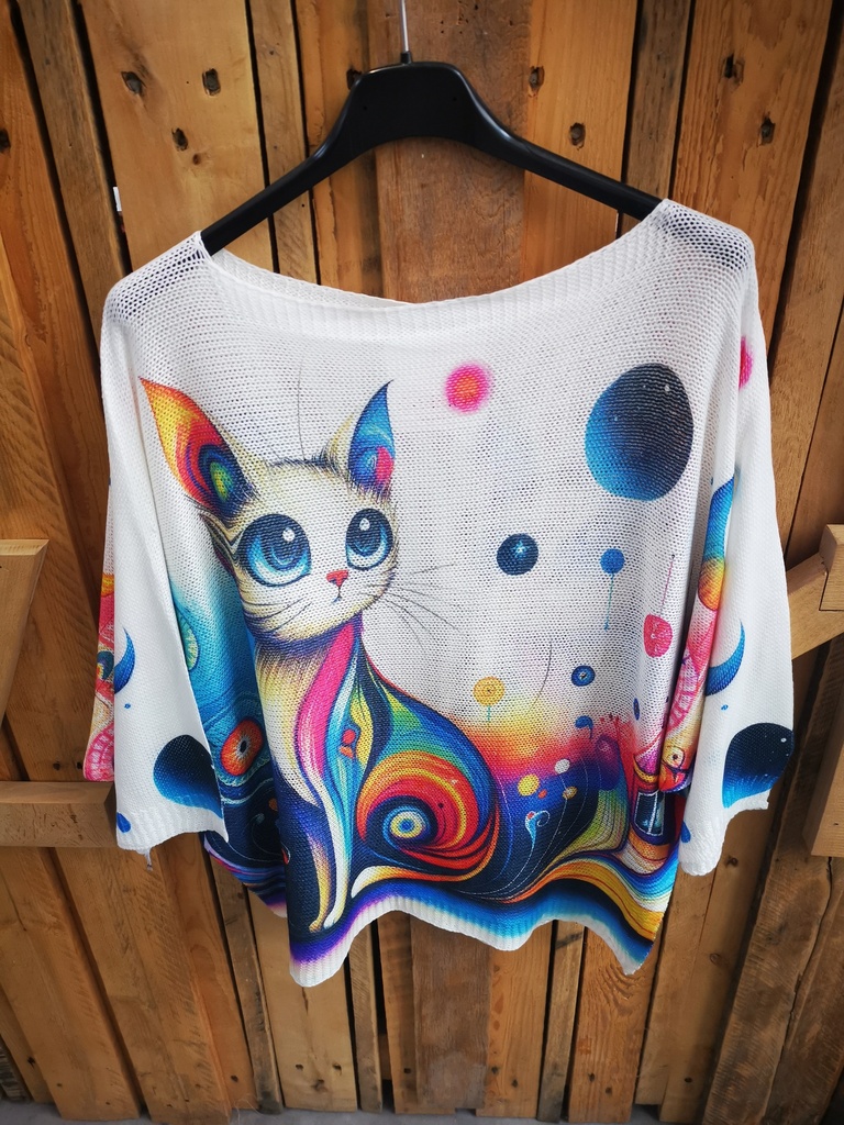 Pull fines mailles avec chat et maison