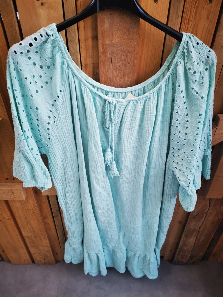 Robe en gaz de coton et broderie anglaise vert eau