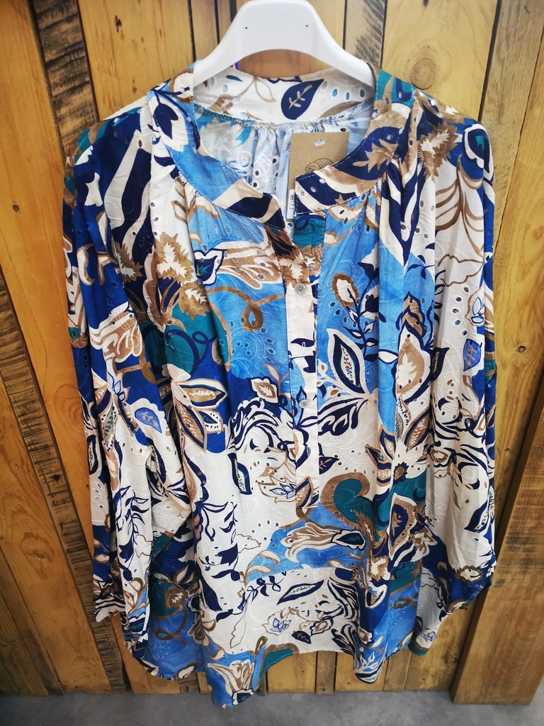 Tunique turquoise et bleu à fleurs et broderie anglaise