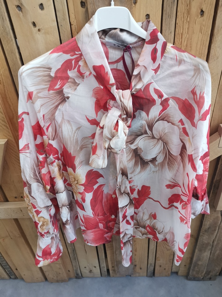 Blouse en voile fleurie "Méline" beige et rouge