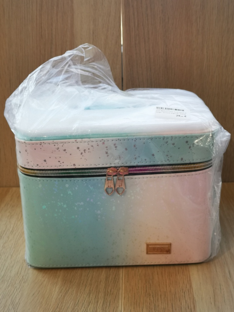 Trio Beauty Case fond aqua et beige, tacheté argenté, tirette arc-en-ciel 