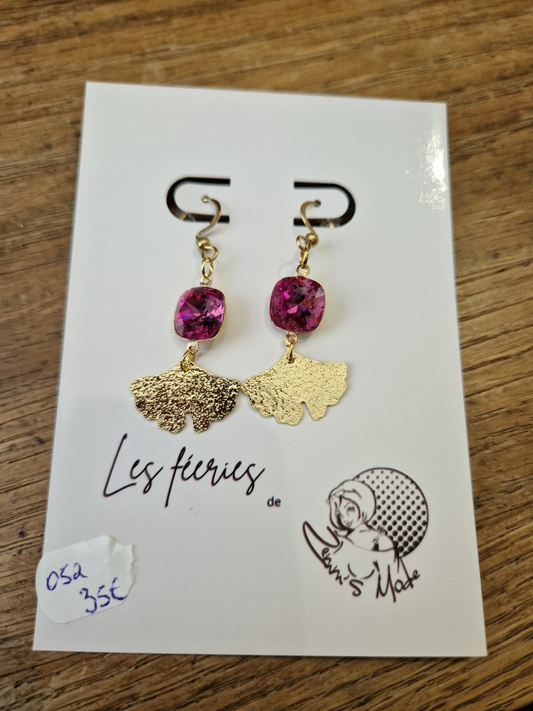 Boucles d'oreilles dorées Swarovski dark rose/ginko (Fééries)