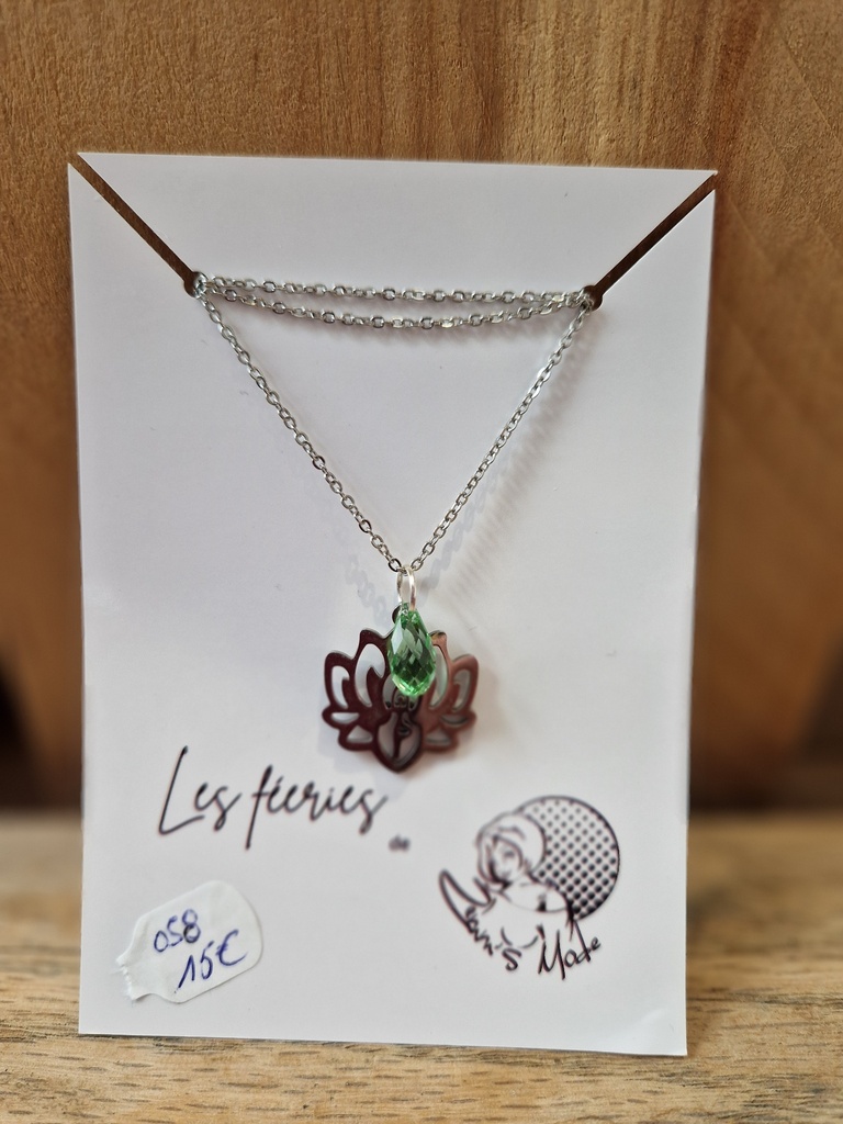 Collier argenté fleurs lotus/ goutte perridot Swarovski (Fééries)