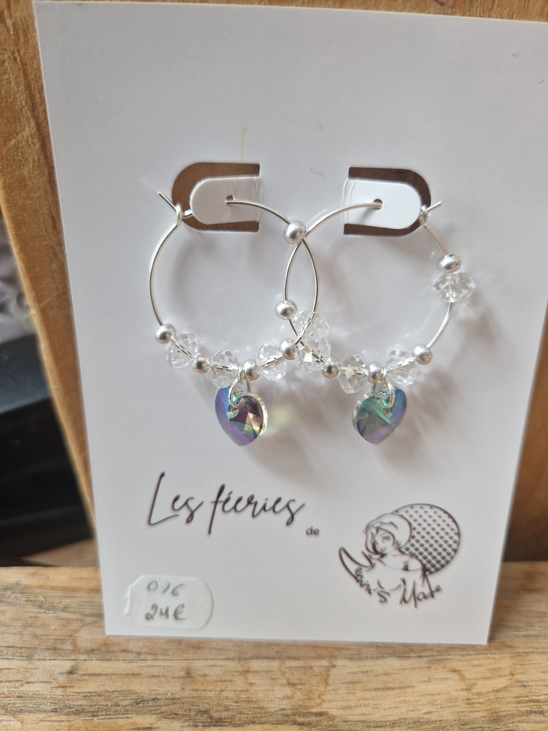 Boucles d'oreilles Créoles argentées perles Crystal et cœur irisé (Fééries)