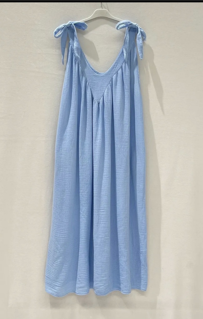 Robe longue "Natie" noeuds épaules bleu ciel