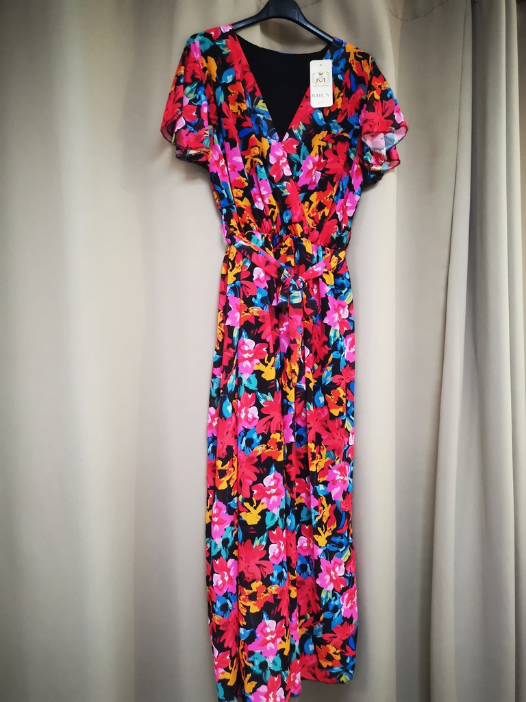 Robe longue "Sita" manches courtes rouge et rose PT
