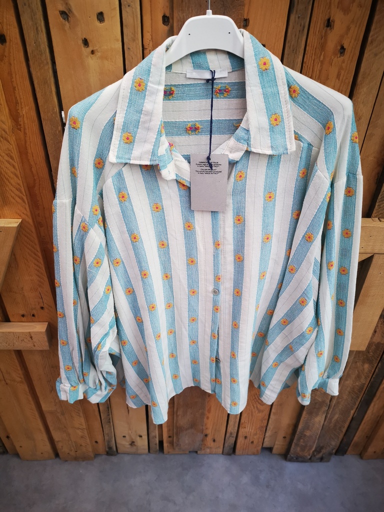 Chemise en coton lignée et fleurie turquoise