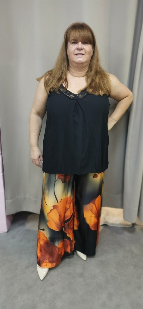 Pantalon "satin" Fleurs noir/rouge