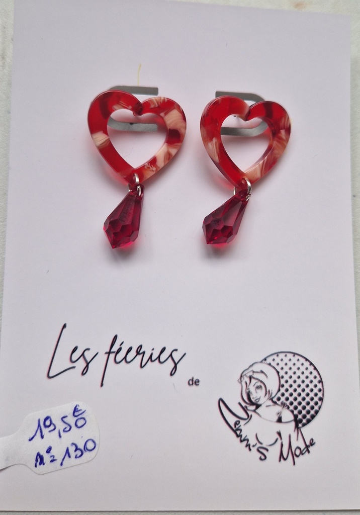 B.O. clou argenté coeur ajouré rouge goute swarovski siam (Fééries)