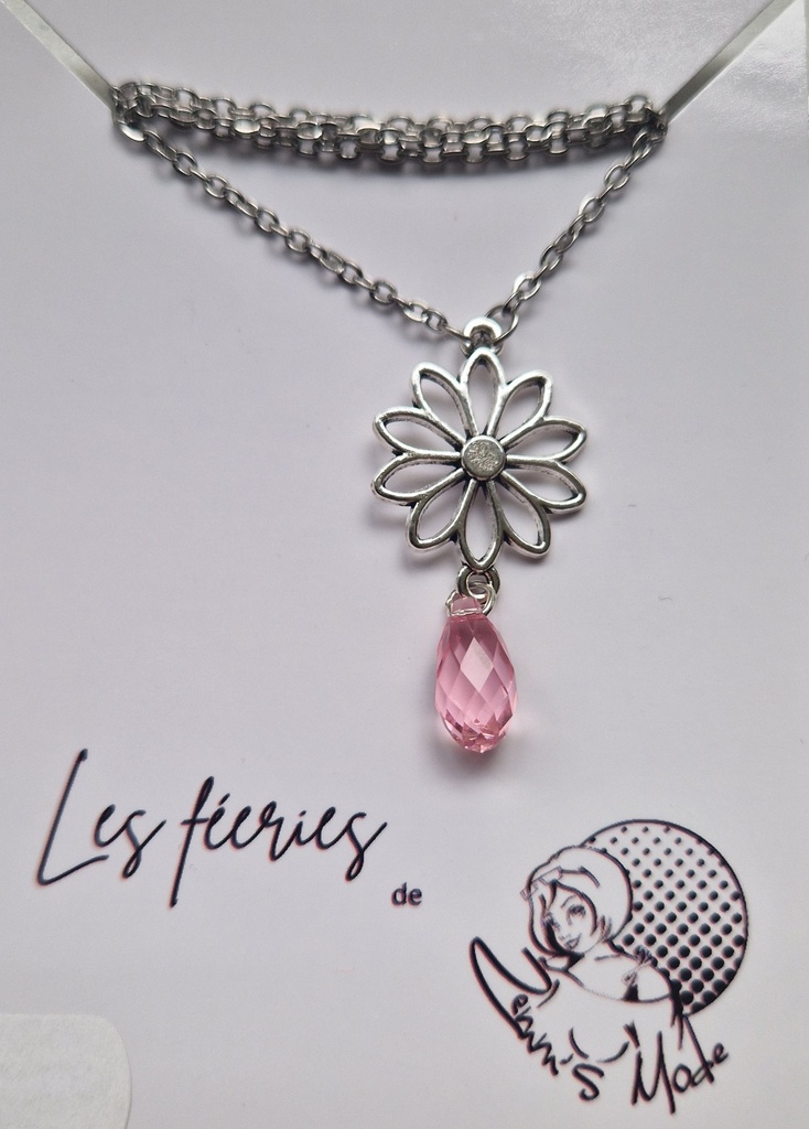Collier argenté fleur ajourée goute rose Swarovski (Fééries)