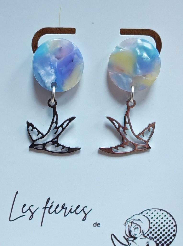 Clous d'oreilles argentés ronds marbrés bleu/rose et Hirondelles