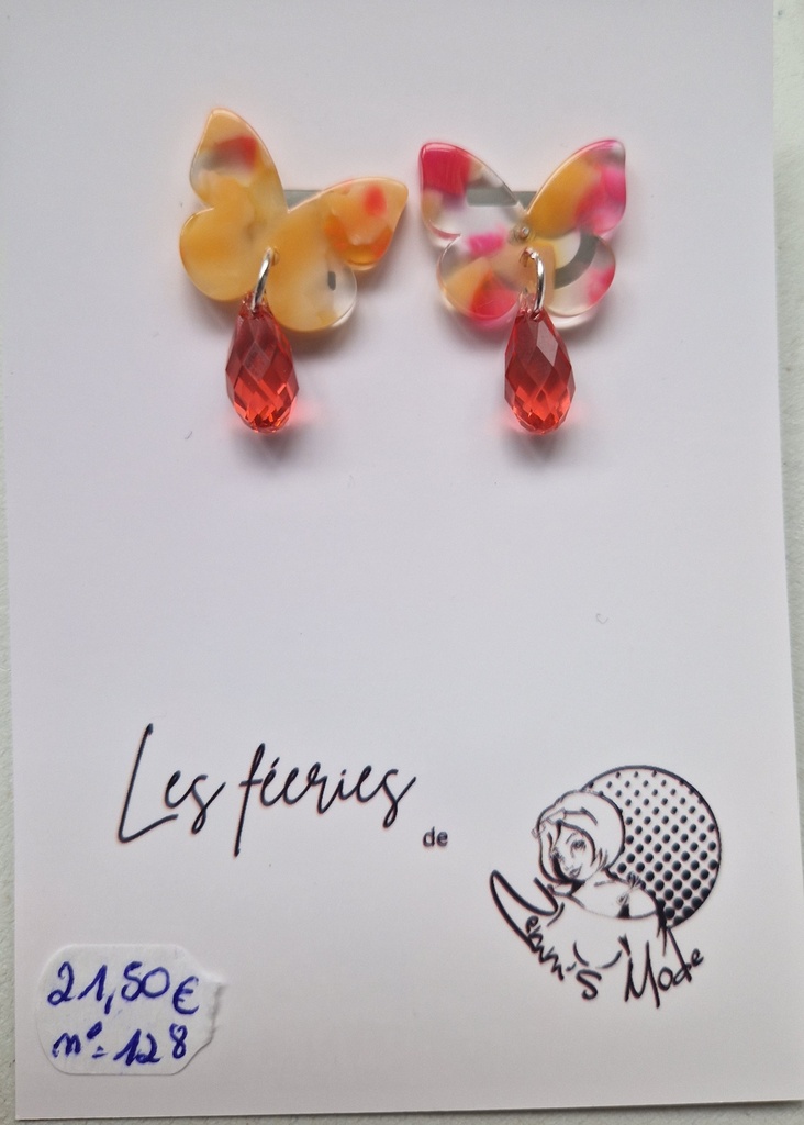 B.O. clou argenté papillon rose/orange goute swarovski peach (Fééries)