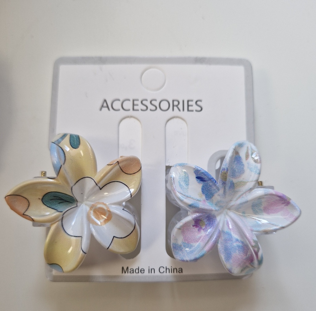 Duo pinces moyennes fleurs bleu-jaune