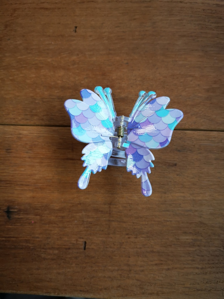 Grande pince "papillons" sirène bleu/mauve clair