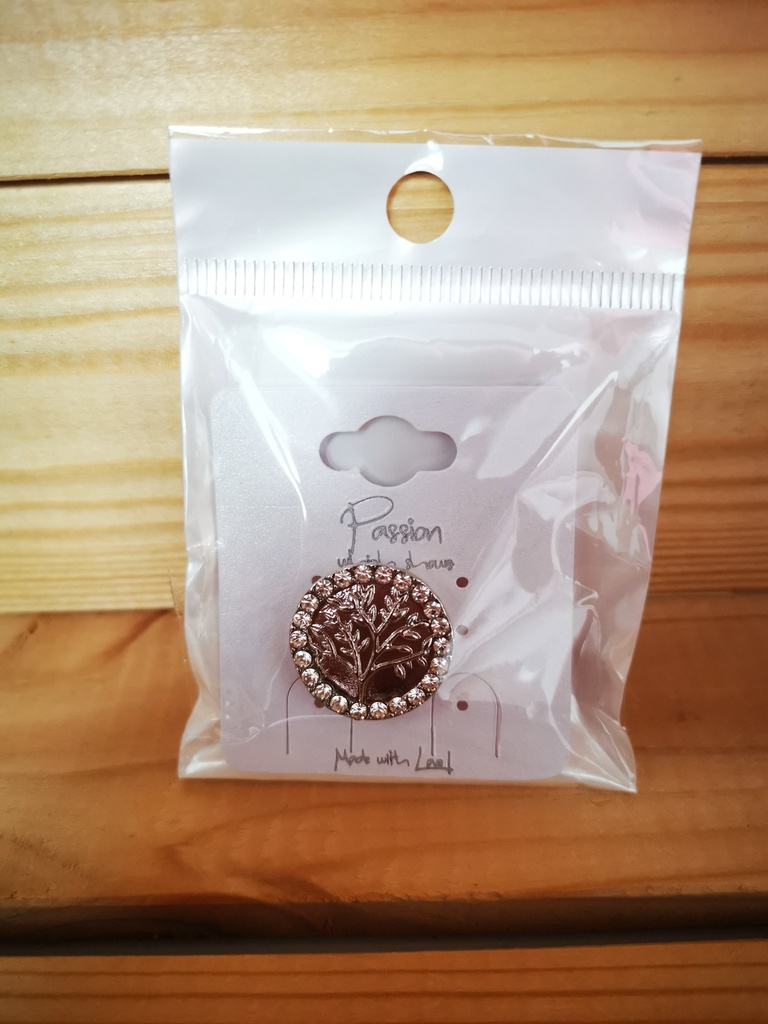 Broche aimantée ronde argentée Arbre de vie strass