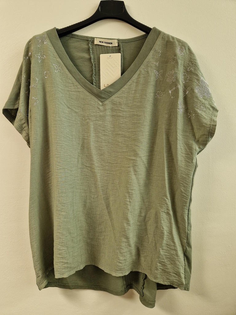Blouse trèfles strass kaki