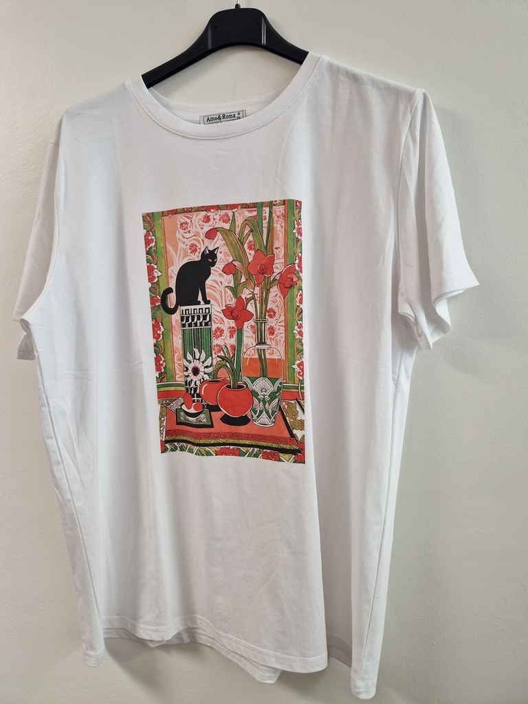 T-shirt chat blanc/rouge