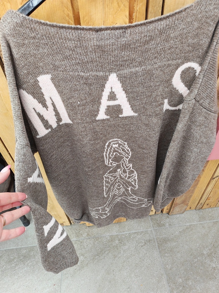 Pull "Namasté" laine Taupe écriture rose pâle
