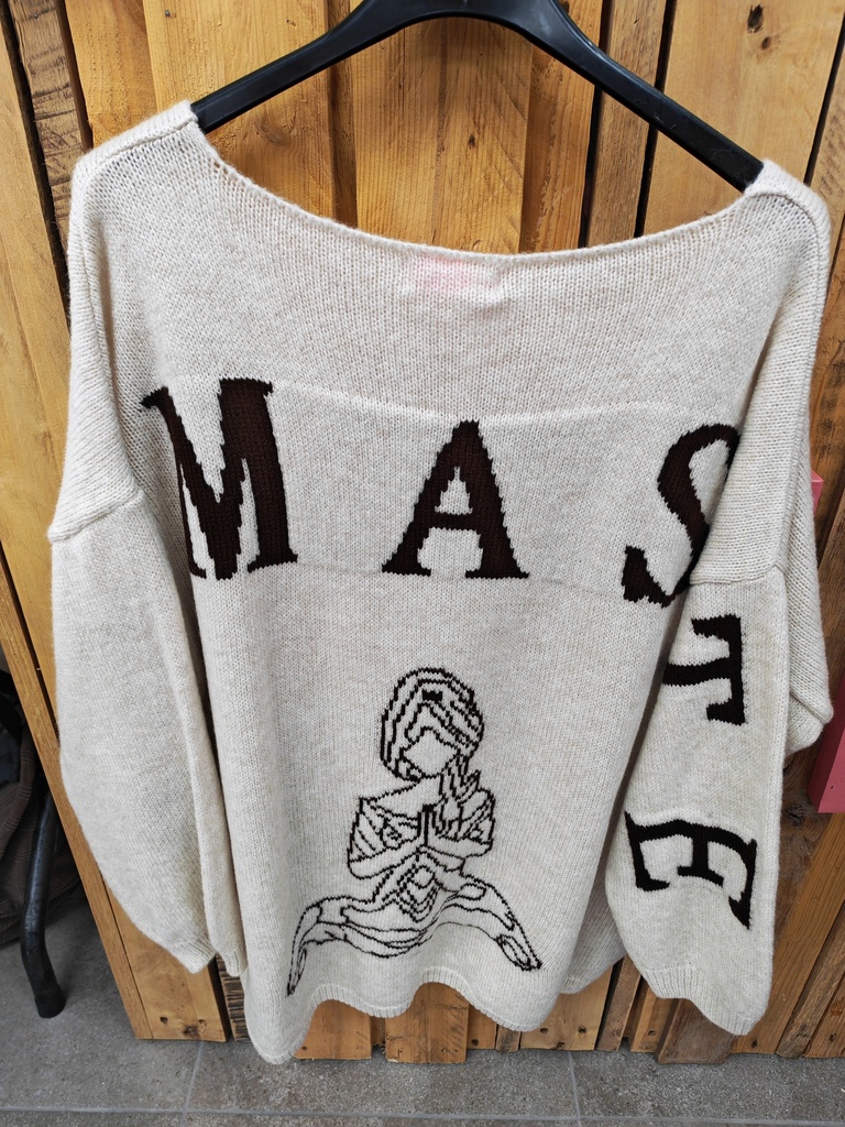 Pull "Namasté" laine Beige écriture chocolat