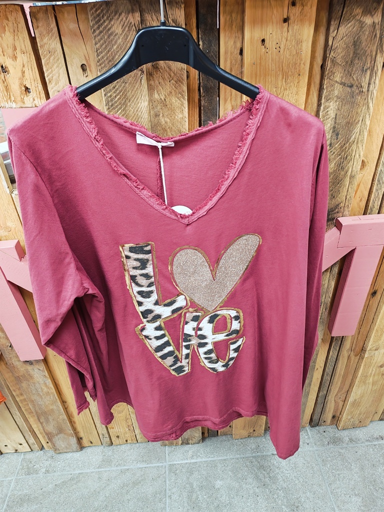 T-shirt longue manche love léopard bordeaux