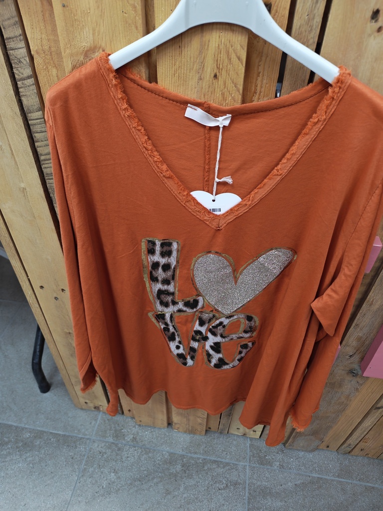 T-shirt longue manche love léopard rouille