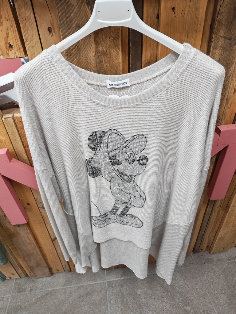 Pull mickey en strass asymétrique écru