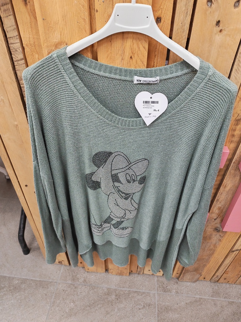 Pull mickey en strass asymétrique kaki