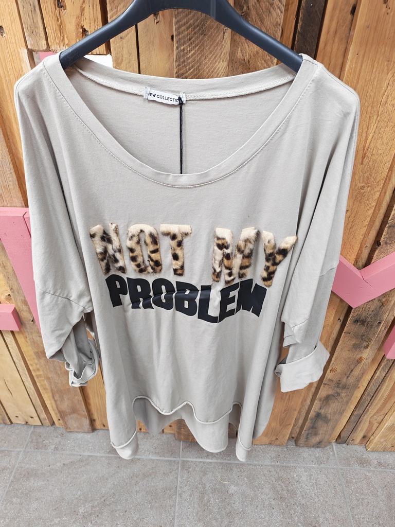 T-shirt "Not my problem" manches longues léopard beige clair