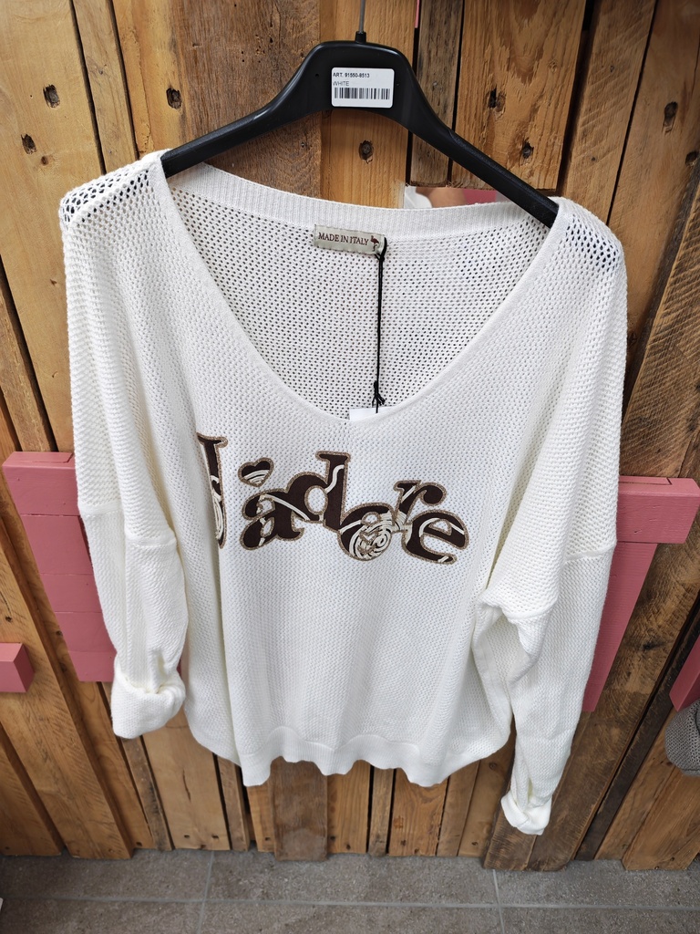 Pull maille "j'adore" blanc