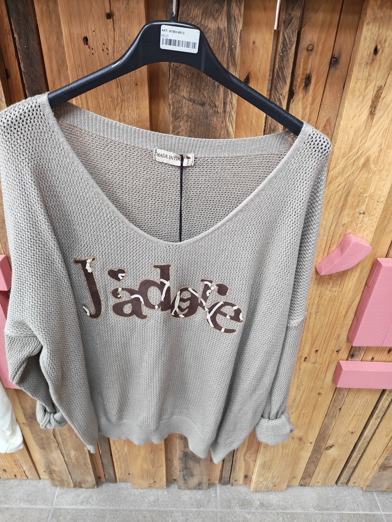 Pull maille "j'adore" taupe clair