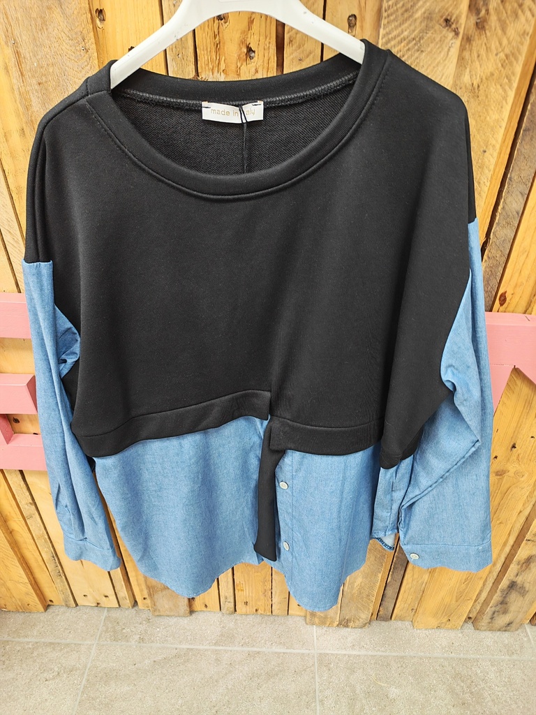 Pull chemise bi matière noir & jeans