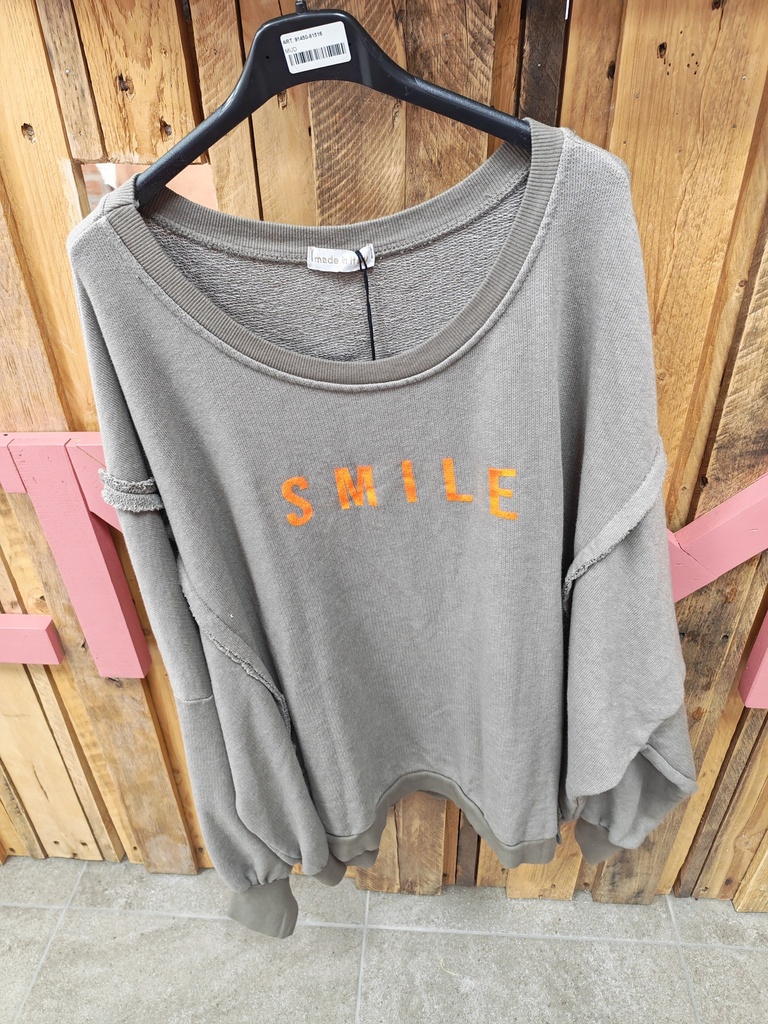 Pull Smile taupe écriture orange fluo 
