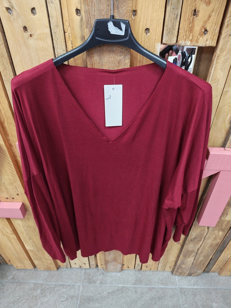 T-shirt uni col V manche longue "Orel" Bordeaux
